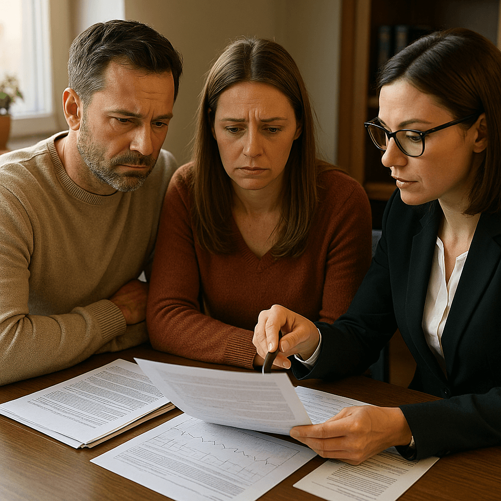 Familia revisando caso de denuncia con su abogada