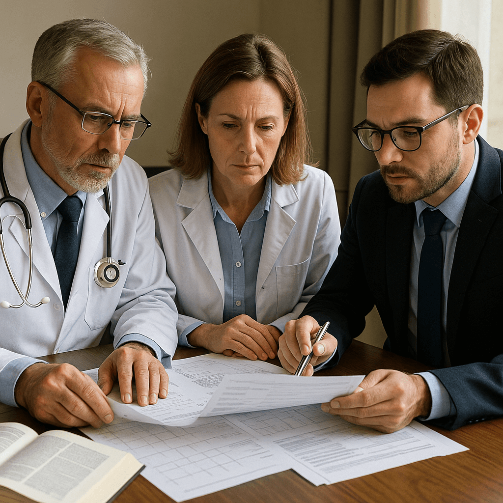 Abogado hablando con unos médicos