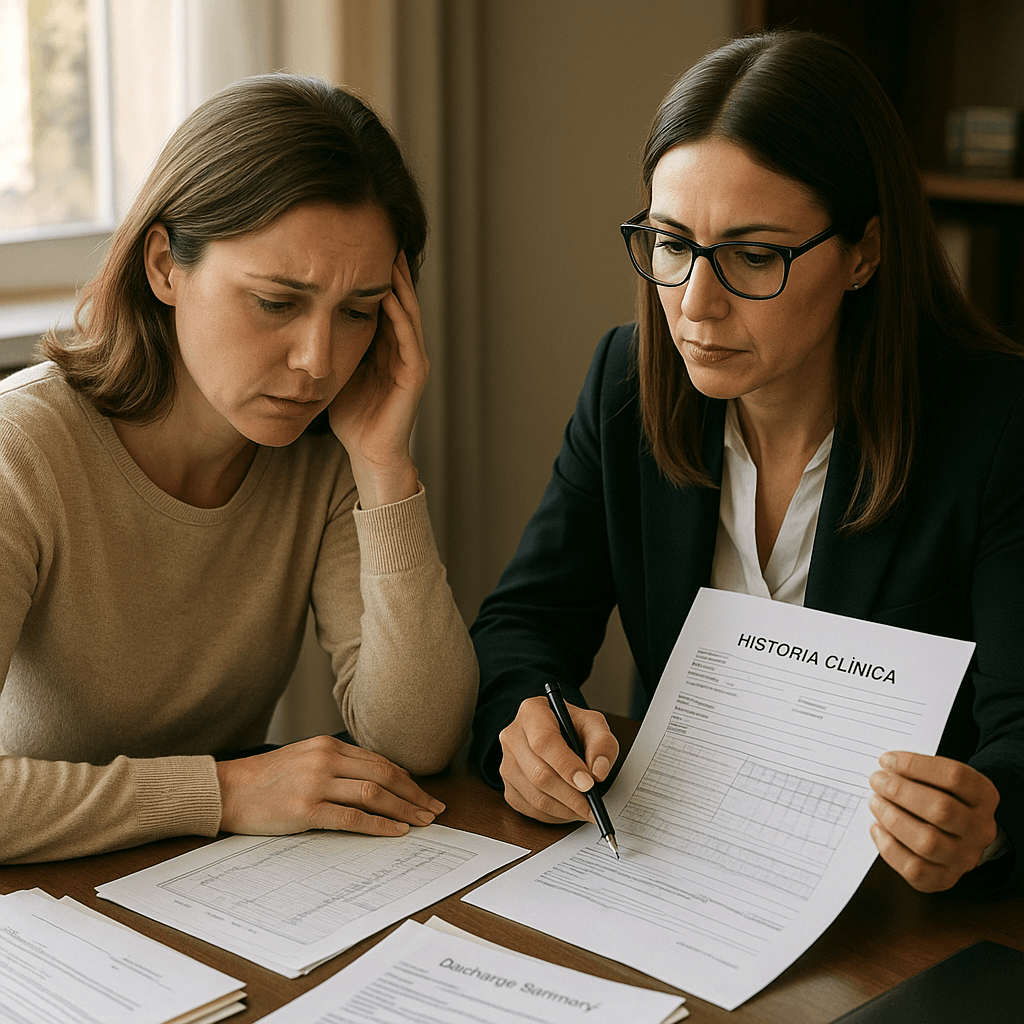 Mujer en despacho de abogados revisando una reclamación