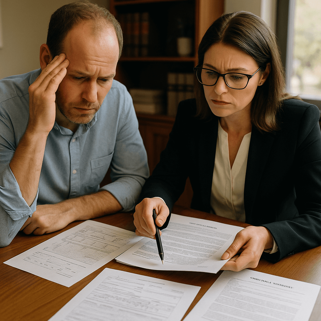 Hombre en despacho de abogados revisando una reclamación